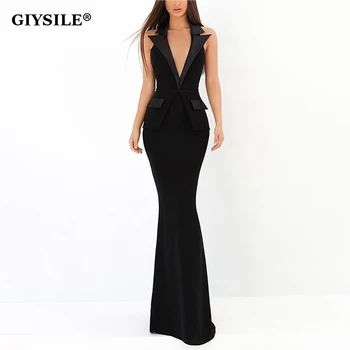 GİYSİLE Seksi Halter Suit Yaka Örme Streç Bandaj Maxi Yaz Elbiseler Kadın Zarif Akşam Konuk Siyah Uzun Parti Elbise