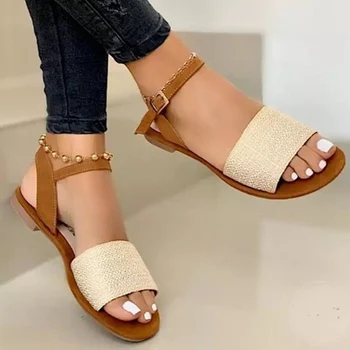Yaz kadın Sandalet Dokuma Ayak Bileği Kayışı Bayanlar Flats Ayakkabı Toka Kare Topuklu Kadın Ayakkabı Rahat Kadın Ayakkabı Artı Boyutu 43