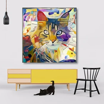 Renkli Kedi Hayvan Resimleri Kandinsky Soyut Yağlıboya Tuval Posterler ve Baskılar Cuadros Duvar Sanatı Resimleri Için Oturma Odası