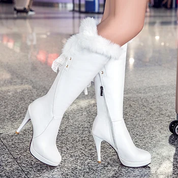 2021 Moda Diz Yüksek Çizmeler kadın Kışlık Botlar Kalın Yüksek Topuk Uzun Çizmeler Yuvarlak Kayma Bahar Sonbahar ayakkabı Kadın Siyah Beyaz