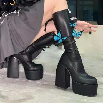 Kadın Diz Yüksek Çizmeler Seksi 2023 Slip-on Fermuar zarif ayakkabı Uyluk Yüksek Deri Topuklu Platform Gotik Uzun Over-the-diz Çizmeler