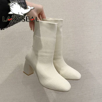LazySeal Çorap Çizmeler Beyaz Örgü Kadın yarım çizmeler 7 cm Yüksek Topuklu Yuvarlak Ayak Zarif Streç Çizmeler Artı Boyutu 42 bottine femme