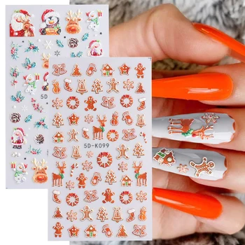 Merry Christmas 5D Tırnak Sticker Kaymak Kar Taneleri Santa Kuşlar Karikatür Kabartmalı çıkartma tırnak Sanat Cilası Süslemeleri JI5DK098-103-1