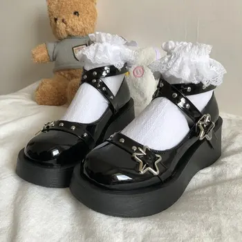 Yeni Japon Lolita Ayakkabı Yıldız Toka Kayış Mary Janes Kadın Çapraz bağlı Platform Ayakkabı Patent Deri Kızlar Perçin rahat ayakkabılar